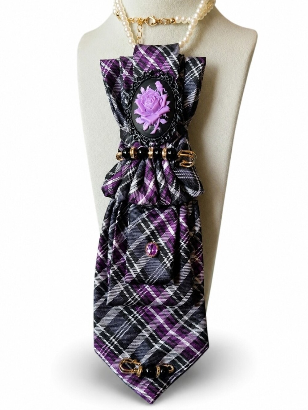 3/$60 Plaid Purple Gray Decorative Cravat With Black Lilac Rose Brooch Accent
